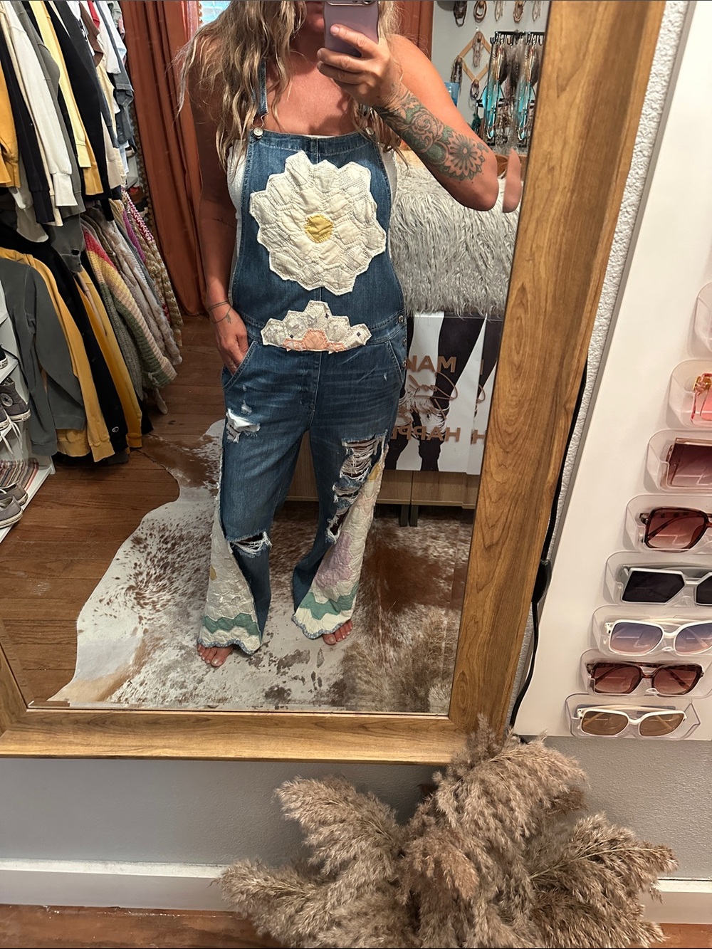 Denim upcycle vintage quilt Floral Patchwork Overalls - Picture 1 of 9